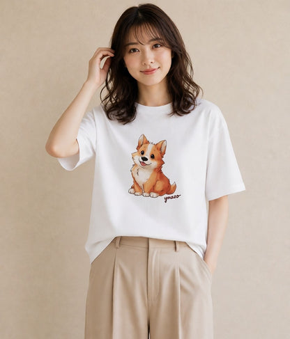 半袖Tシャツ レディース ウェルシュコーギー コーギー 犬 いぬ イラスト 女性向けギフト 散歩 白T YMAZO