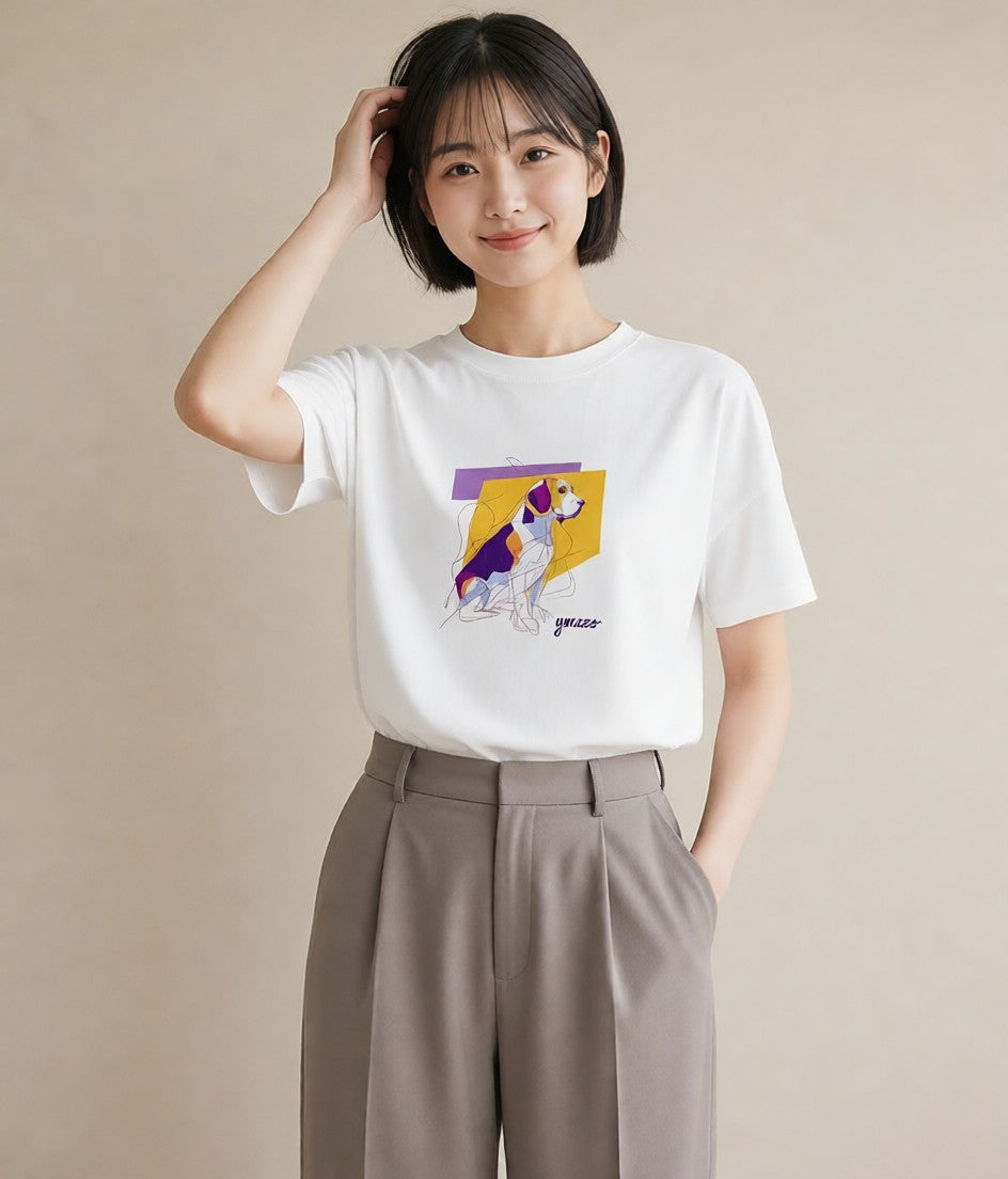 Tシャツ レディース ビーグル 犬 いぬ イラスト ガーリー お出かけ 普段着 白T YMAZO