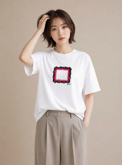 プリントTシャツ レディース レースハンカチ レース ハンカチ ナチュラル アンティーク イラスト ギフト 母の日 白T YMAZO