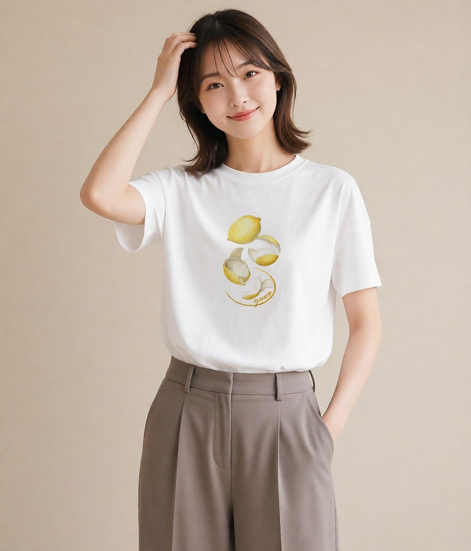 プリントTシャツ レディース レモン 檸檬 食べ物 フード イラスト 休日コーデ カフェ巡り 女子会 白T YMAZO