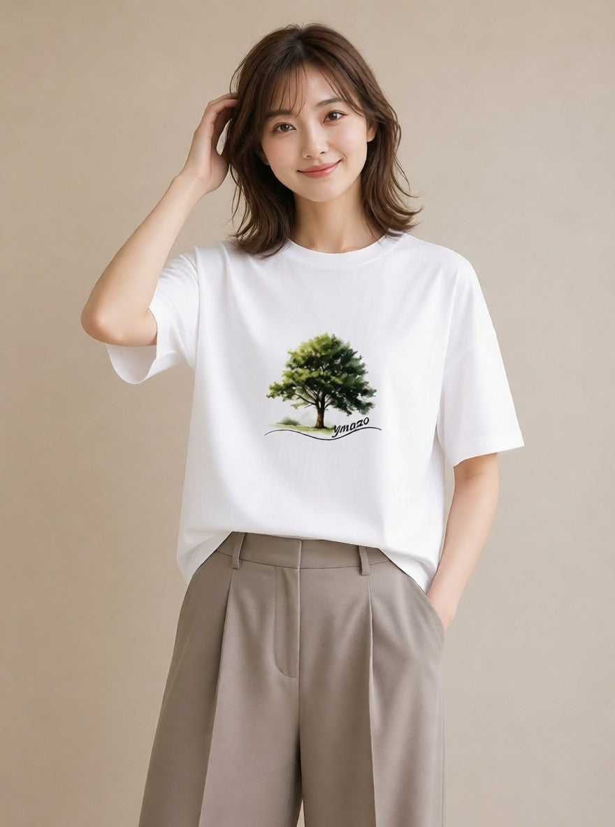 プリントTシャツ レディース 木 植物 ボタニカル イラスト 水彩風 カジュアルコーデ 買い物 白T YMAZO