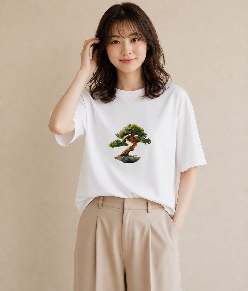 デザインTシャツ レディース 盆栽 植物 ボタニカル イラスト お洒落 クリスマス 旅行 白T YMAZO