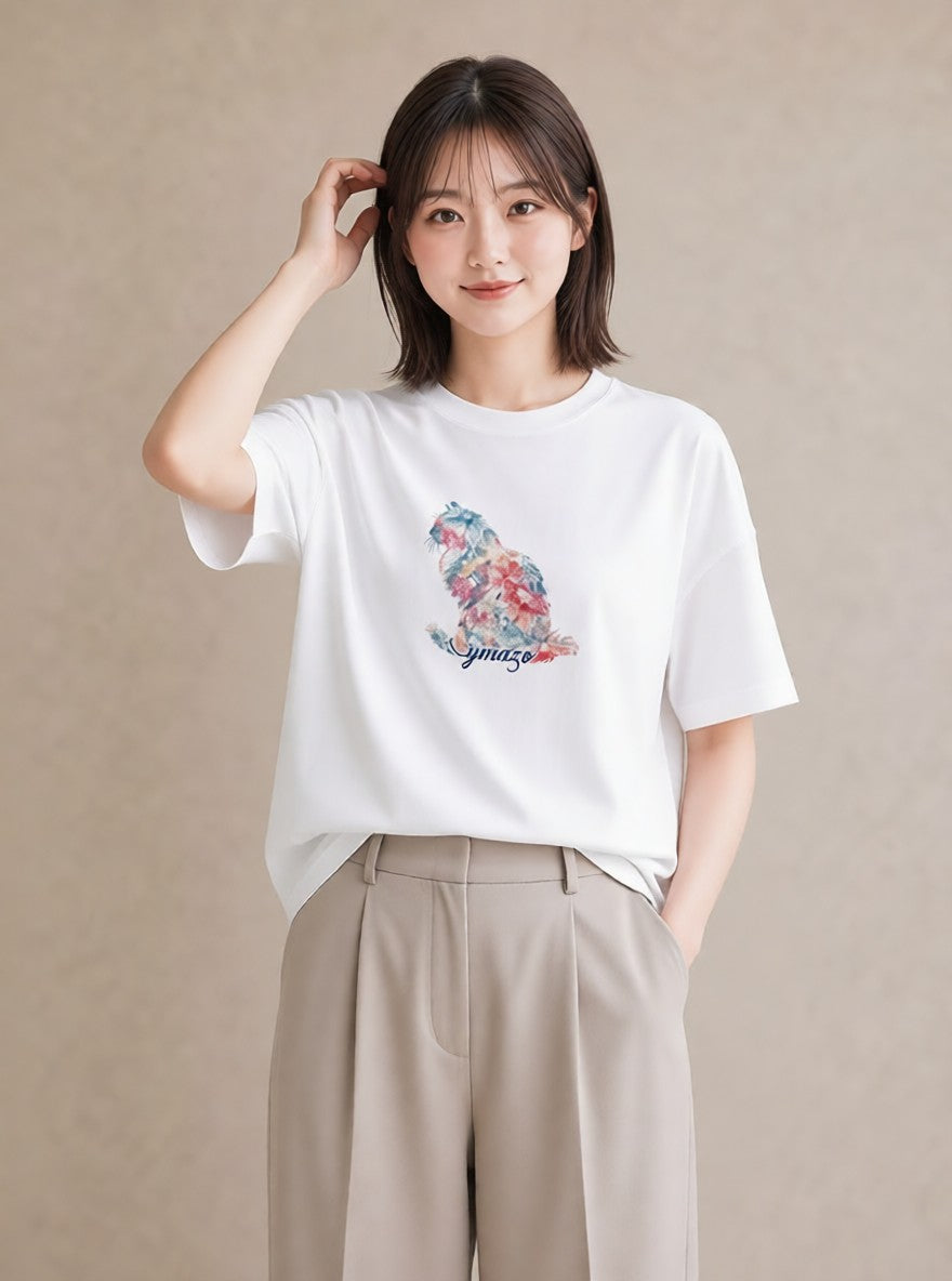 半袖Tシャツ レディース 愛猫 猫 ねこ イラスト お洒落 通勤 在宅 白T YMAZO