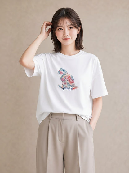 半袖Tシャツ レディース 愛猫 猫 ねこ イラスト お洒落 通勤 在宅 白T YMAZO