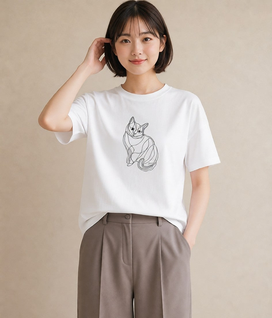 グラフィックTシャツ レディース 猫 ねこ ネコ イラスト 線画 散歩 お出かけ 白T YMAZO