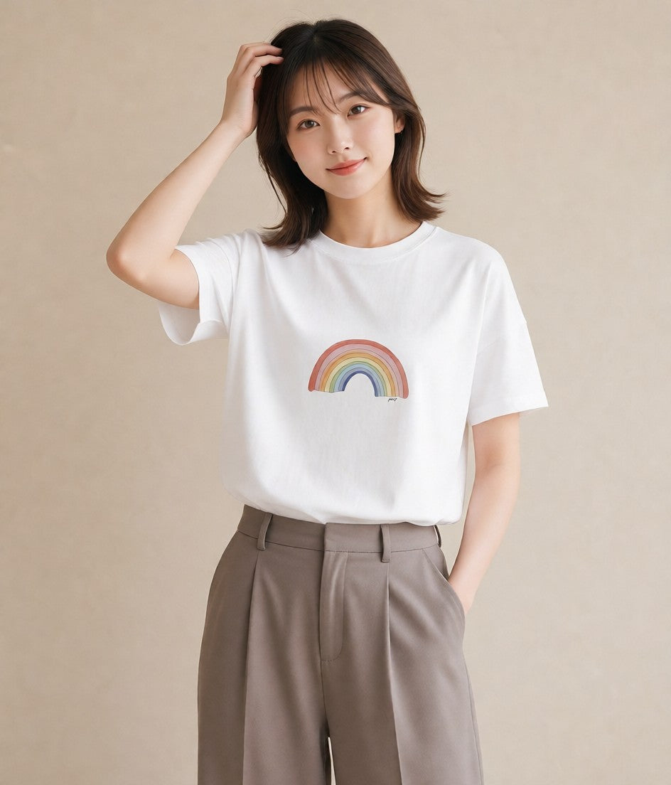 Tシャツ レディース 虹 星空 宇宙 イラスト 韓国風 在宅 公園 白T YMAZO