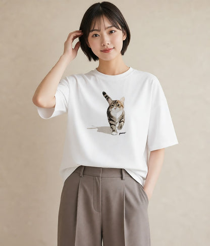プリントTシャツ レディース しっぽ 猫 ねこ イラスト ミニマル 20代 カジュアルコーデ 白T YMAZO