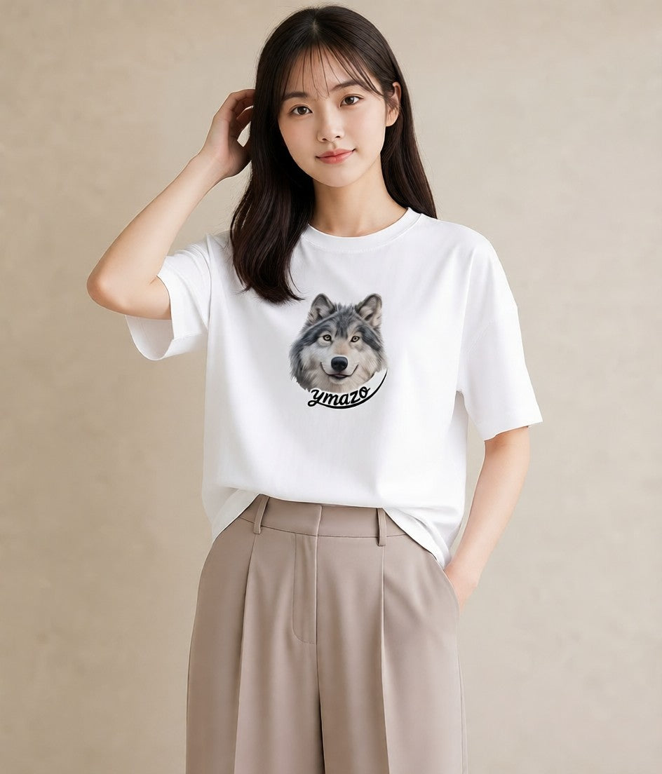 プリントTシャツ レディース シベリアンハスキー 犬 いぬ イラスト 北欧風 綿100 デート 白T YMAZO