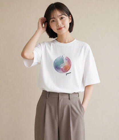 Tシャツ レディース オーロラ 星空 宇宙 イラスト 旅行コーデ ビーチ デイリーウェア 白T YMAZO