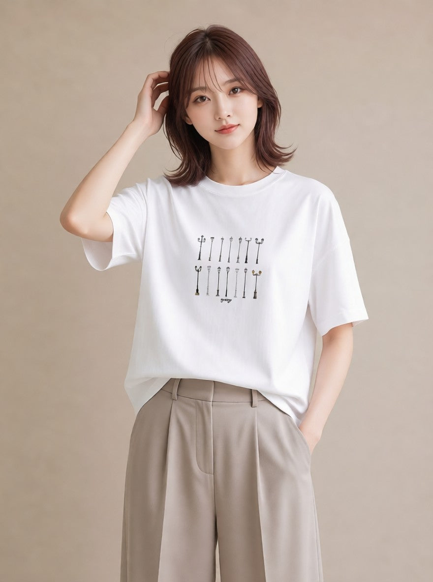 Tシャツ レディース 街灯 夜霧 夜 ナチュラル アンティーク イラスト きれいめカジュアル 夏コーデ 通学 白T YMAZO