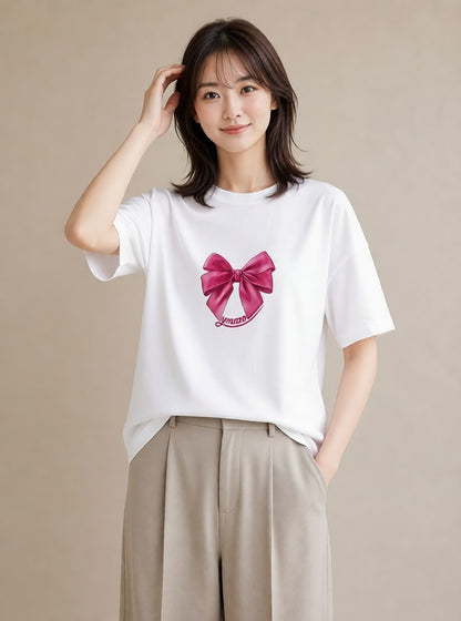 半袖Tシャツ レディース リボン 蝶結び ナチュラル アンティーク イラスト ヴィンテージ風 母の日 ビーチ 白T YMAZO
