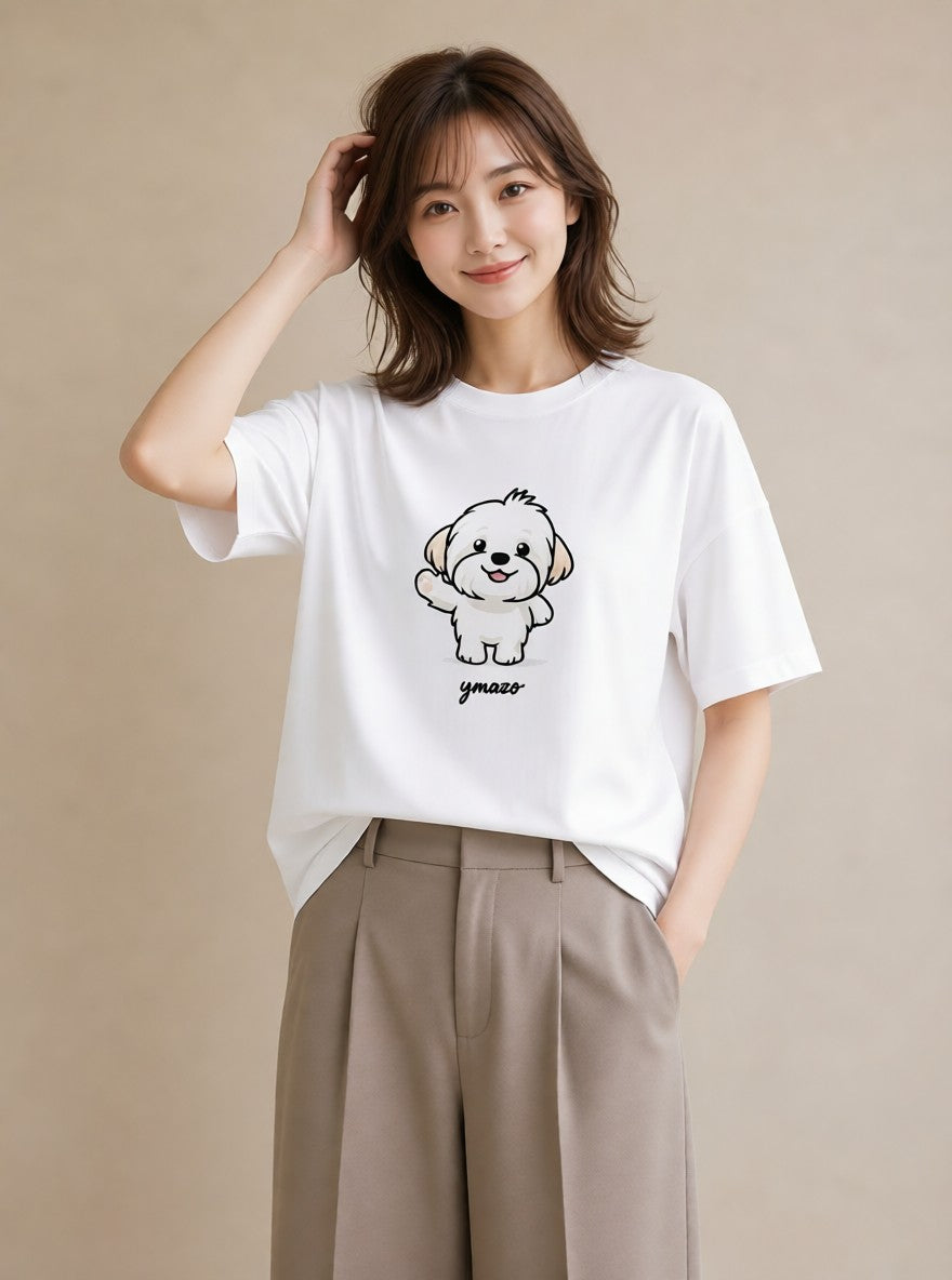 プリントTシャツ レディース ビションフリーゼ 犬 いぬ イラスト ヴィンテージ風 おしゃれギフト 社会人 白T YMAZO