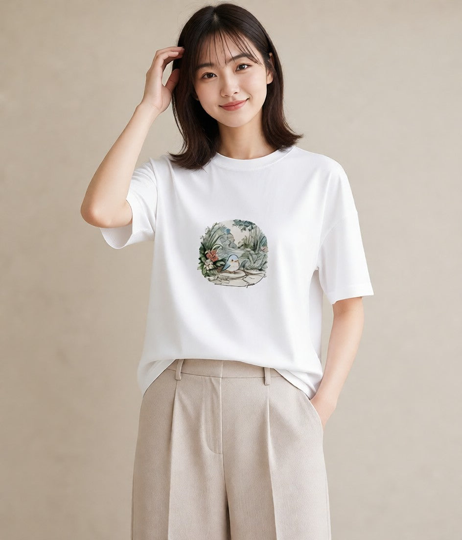 デザインTシャツ レディース 遠い家と鳥 風景 鳥 ナチュラル アンティーク イラスト ガーリー 友達ギフト 部屋着 白T YMAZO