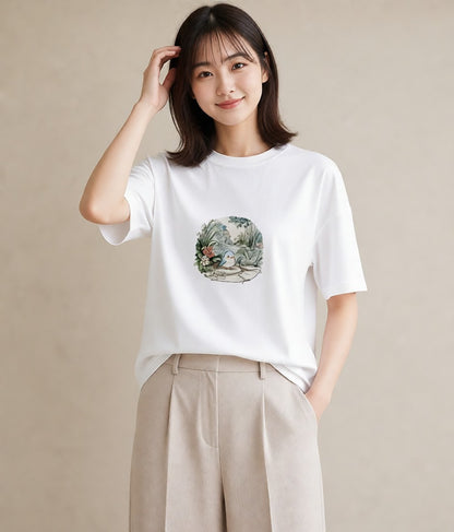 デザインTシャツ レディース 遠い家と鳥 風景 鳥 ナチュラル アンティーク イラスト ガーリー 友達ギフト 部屋着 白T YMAZO