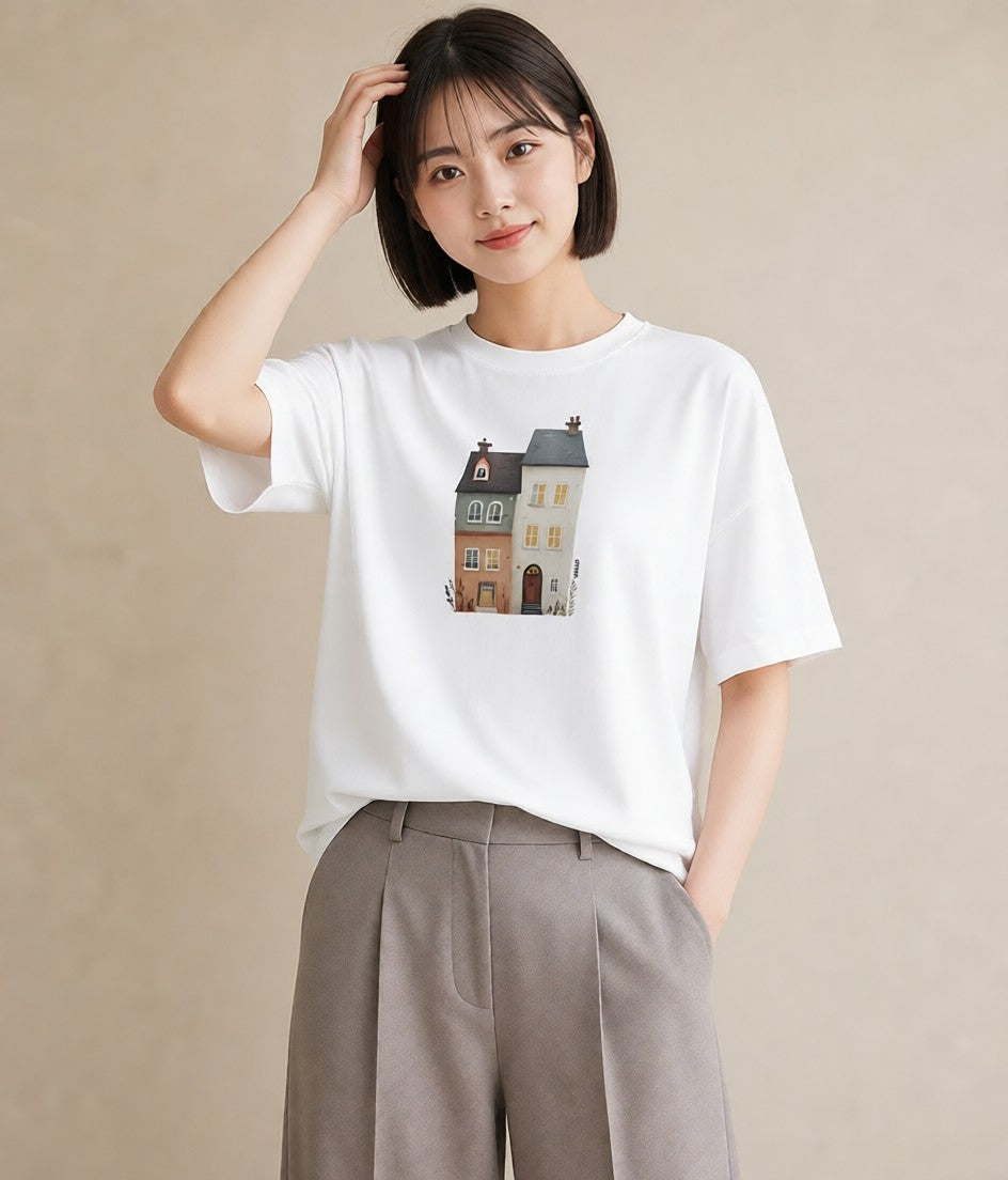 デザインTシャツ レディース 夕暮れ バルコニー 夕焼け ナチュラル アンティーク イラスト ゆるコーデ 旅行 母娘コーデ 白T YMAZO