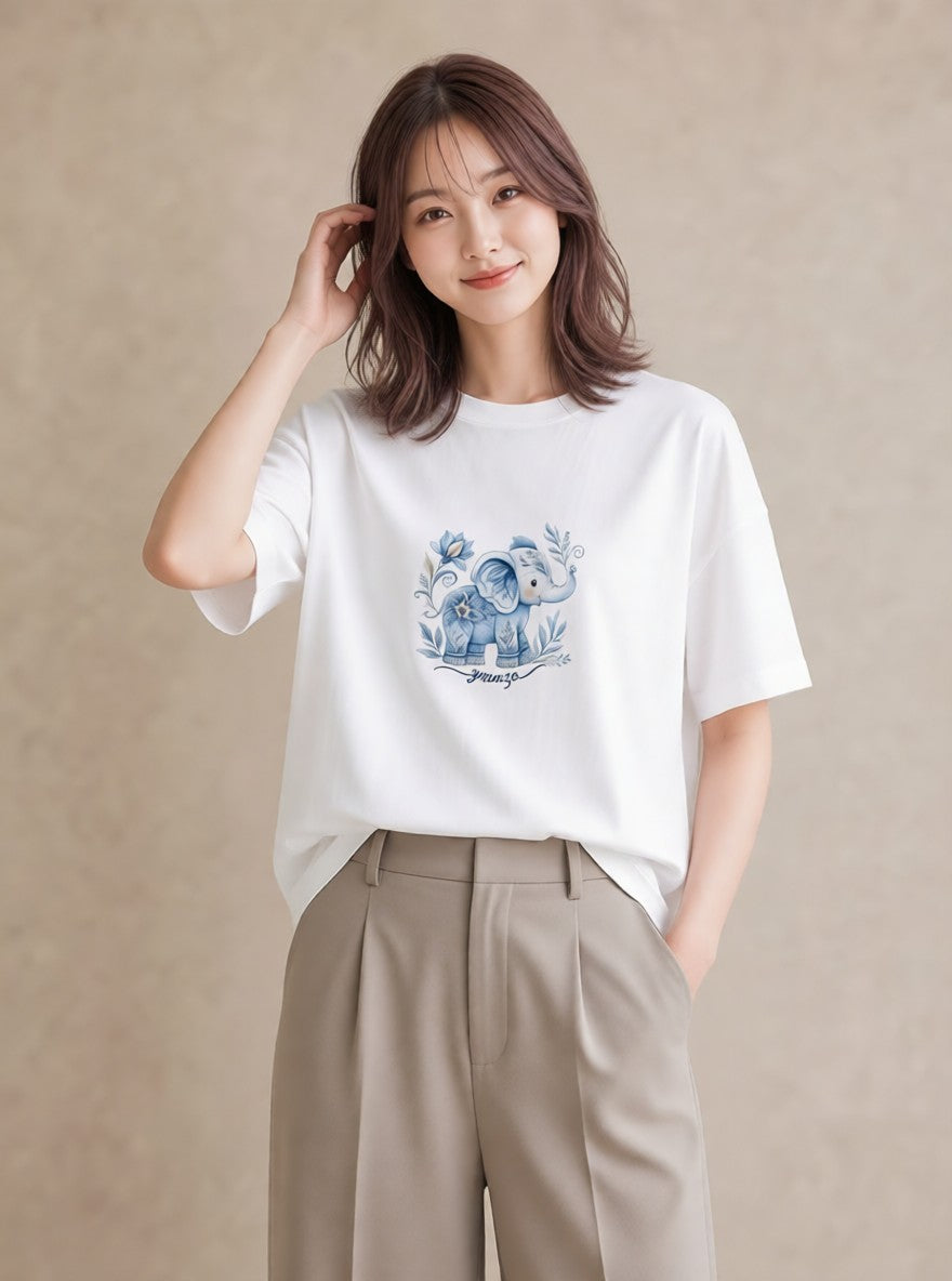 半袖Tシャツ レディース ぞう 動物 アニマル イラスト ヴィンテージ風 夏コーデ 通学 白T YMAZO