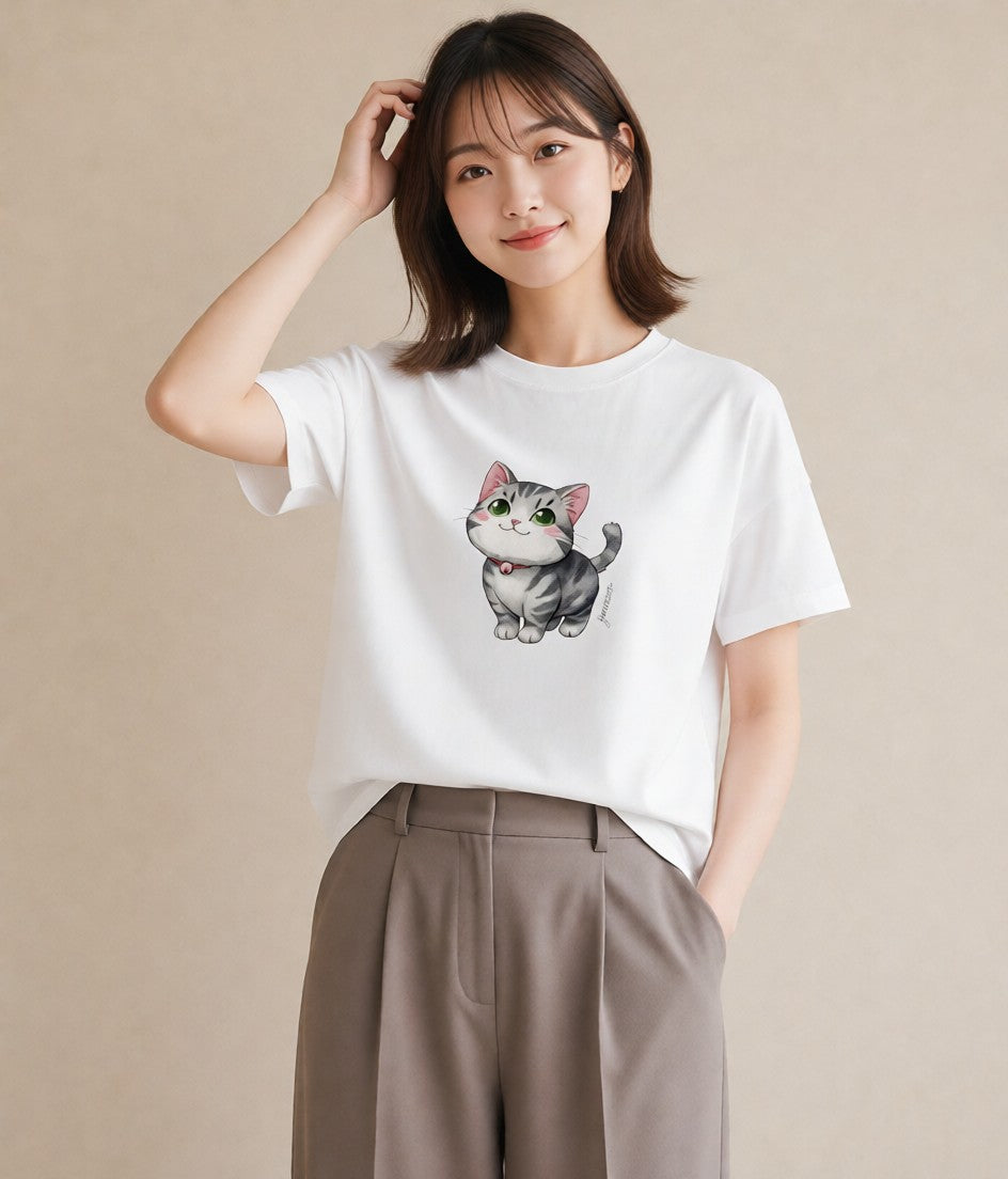 半袖Tシャツ レディース ぶち猫 猫 ねこ イラスト 上品 レイヤード 友達ギフト 白T YMAZO