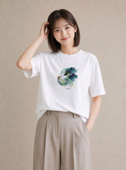 グラフィックTシャツ レディース ベンガル 猫 ねこ イラスト ミニマル 秋コーデ おしゃれギフト 白T YMAZO