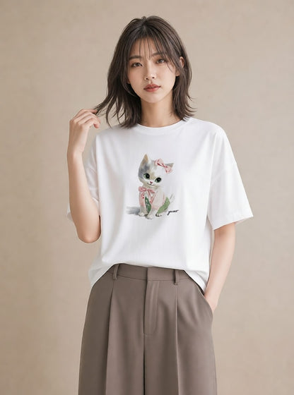 デザインTシャツ レディース 子猫 猫 ねこ イラスト 水彩風 自分用 ルームウェア 白T YMAZO