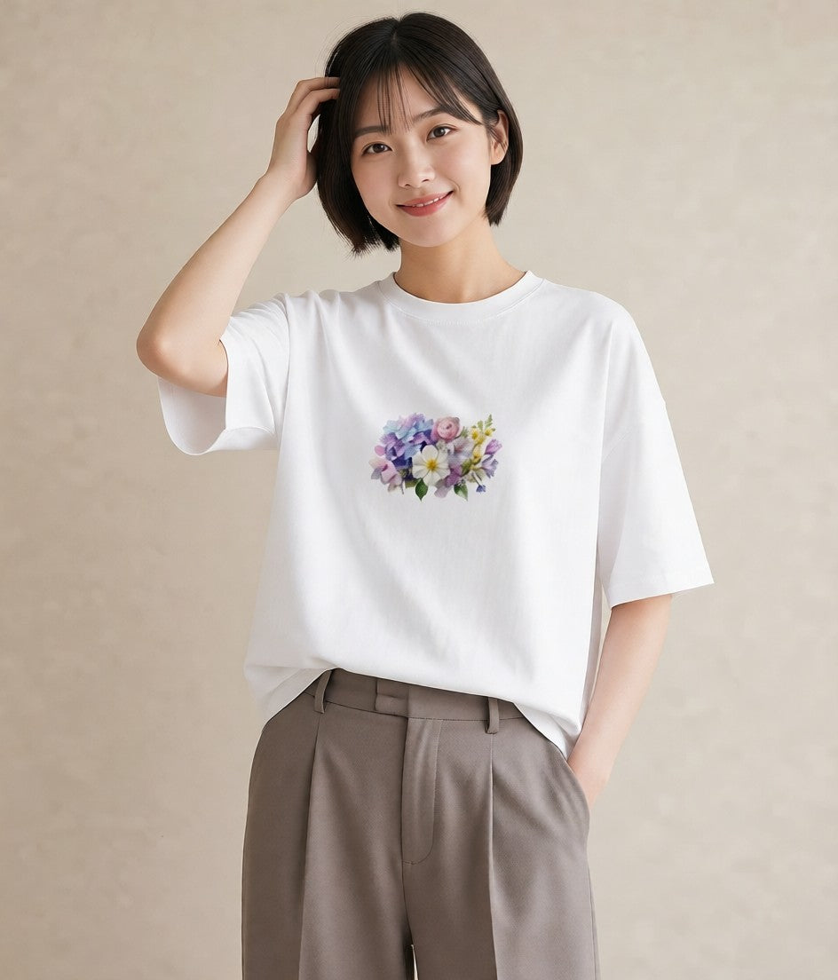 デザインTシャツ レディース パンジー 花 花柄 イラスト ボタニカル 休日 ペアコーデ 白T