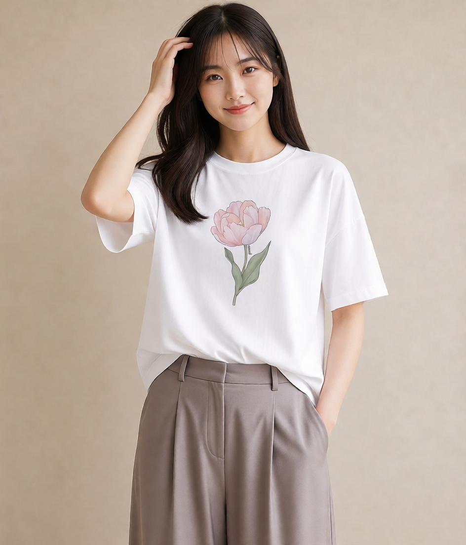 Tシャツ レディース 牡丹 花 花柄 イラスト シック 女子会 お揃い 白T YMAZO