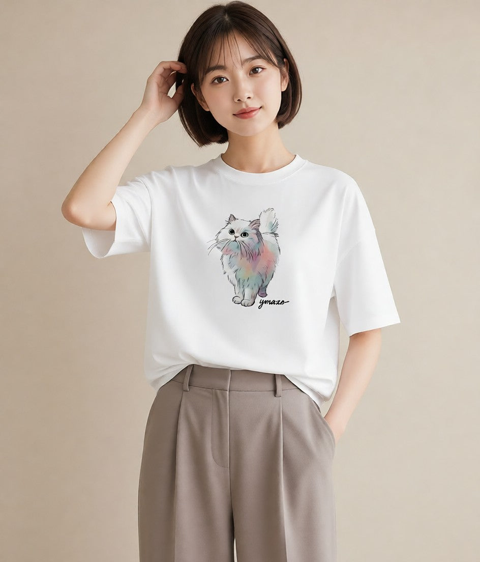 Tシャツ レディース おすわり猫 猫 ねこ イラスト モード ママ カフェ服 白T YMAZO