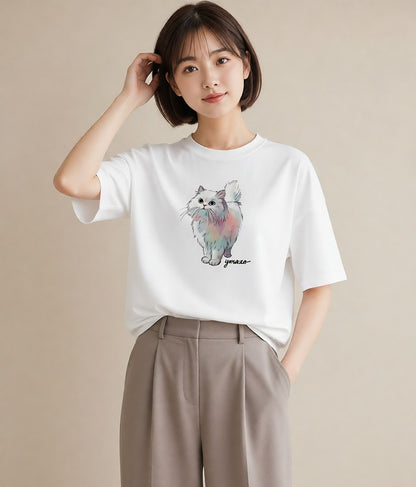Tシャツ レディース おすわり猫 猫 ねこ イラスト モード ママ カフェ服 白T YMAZO