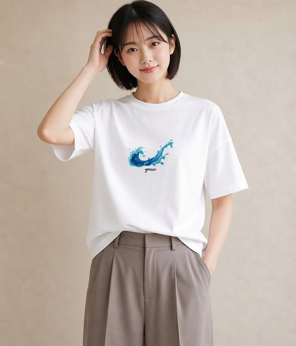 Tシャツ レディース 波 星空 宇宙 イラスト 韓国風 秋コーデ おしゃれギフト 白T YMAZO