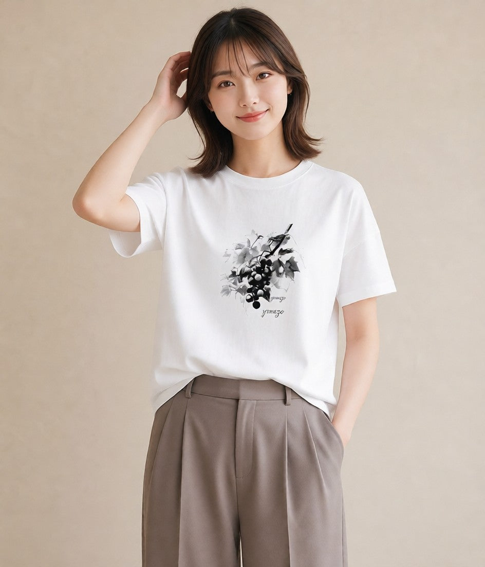 Tシャツ レディース ぶどう 葡萄 食べ物 フード イラスト ゆるコーデ ギフト 母の日 白T YMAZO
