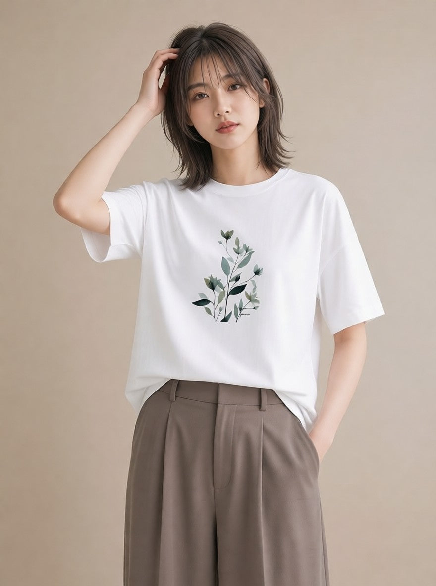 グラフィックTシャツ レディース 苔 植物 ボタニカル イラスト ユニーク 自分用 ルームウェア 白T YMAZO