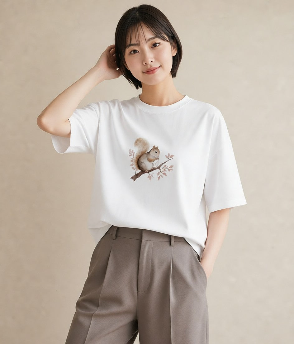 プリントTシャツ レディース シマリス ペット 動物 イラスト ポップ 買い物 夏コーデ 白T YMAZO