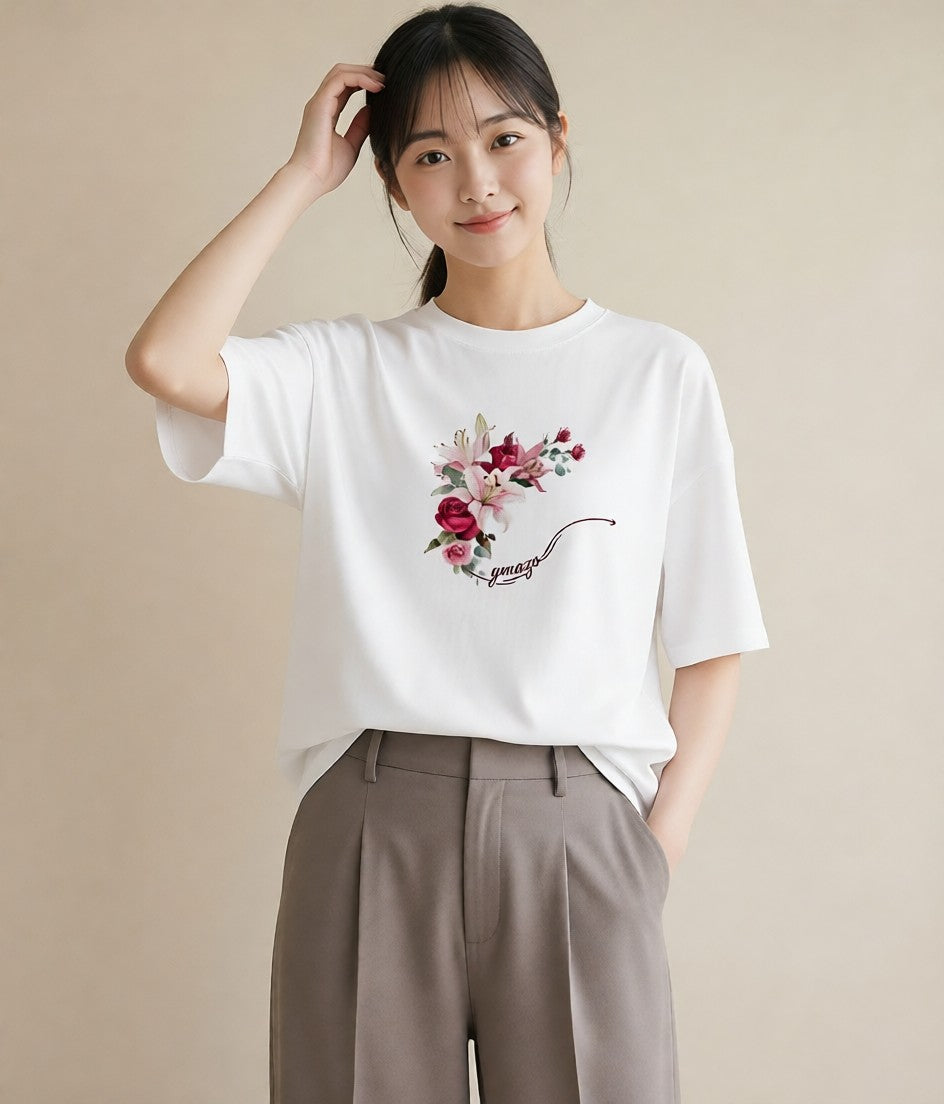プリントTシャツ レディース ゆり 百合 花 花柄 イラスト レトロ 敬老の日 ホワイトデー 白T YMAZO