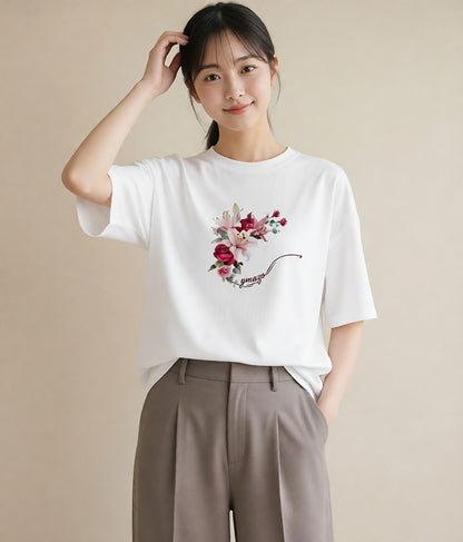 プリントTシャツ レディース ゆり 百合 花 花柄 イラスト レトロ 敬老の日 ホワイトデー 白T YMAZO