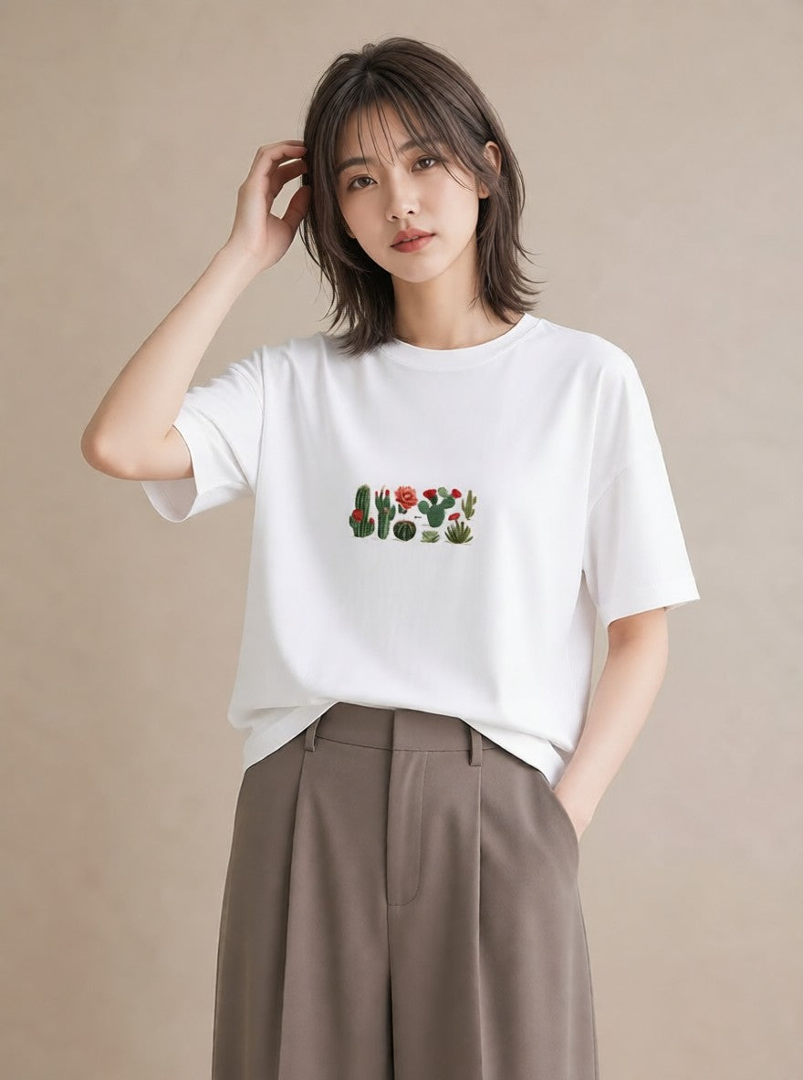 デザインTシャツ レディース サボテン 植物 ボタニカル イラスト ラフ 女性 旅行用 白T YMAZO