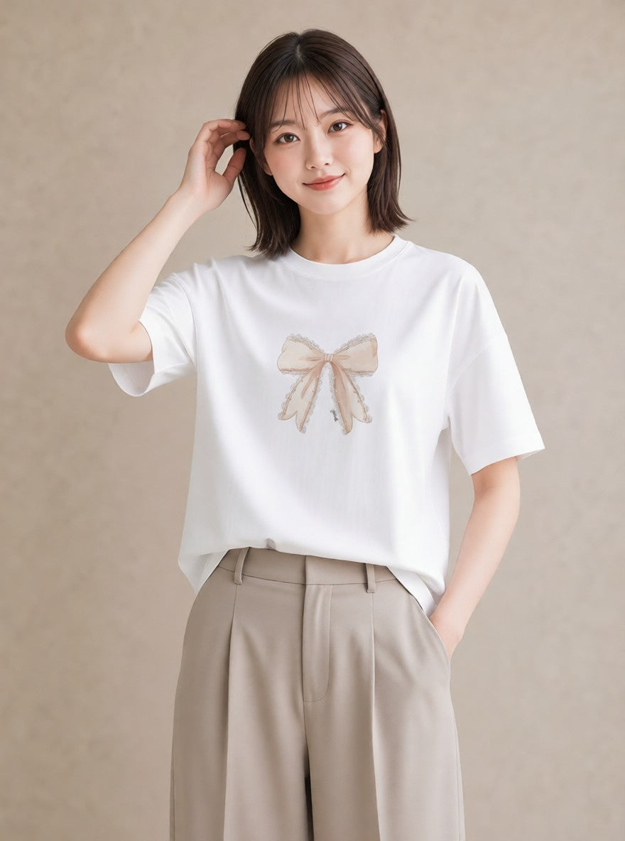 デザインTシャツ レディース レースハンカチ レース ハンカチ ナチュラル アンティーク イラスト 韓国風 自分用 ルームウェア 白T YMAZO