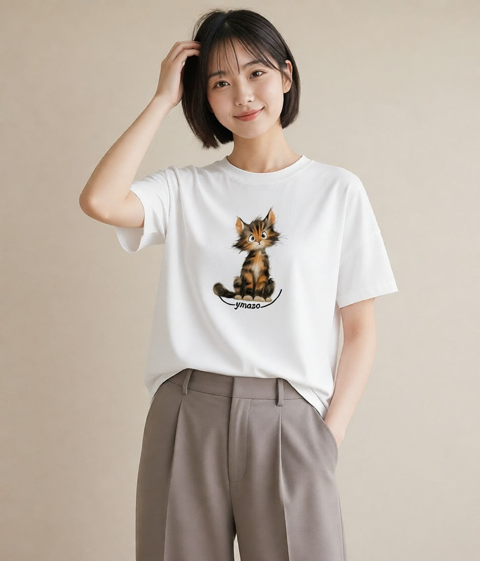 グラフィックTシャツ レディース 猫 ねこ イラスト 北欧風 母娘コーデ 自分用 白T YMAZO