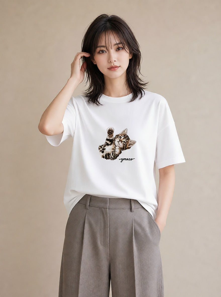 半袖Tシャツ レディース ベンガル 猫 ねこ イラスト きれいめ 誕生日プレゼント 綿100 白T YMAZO