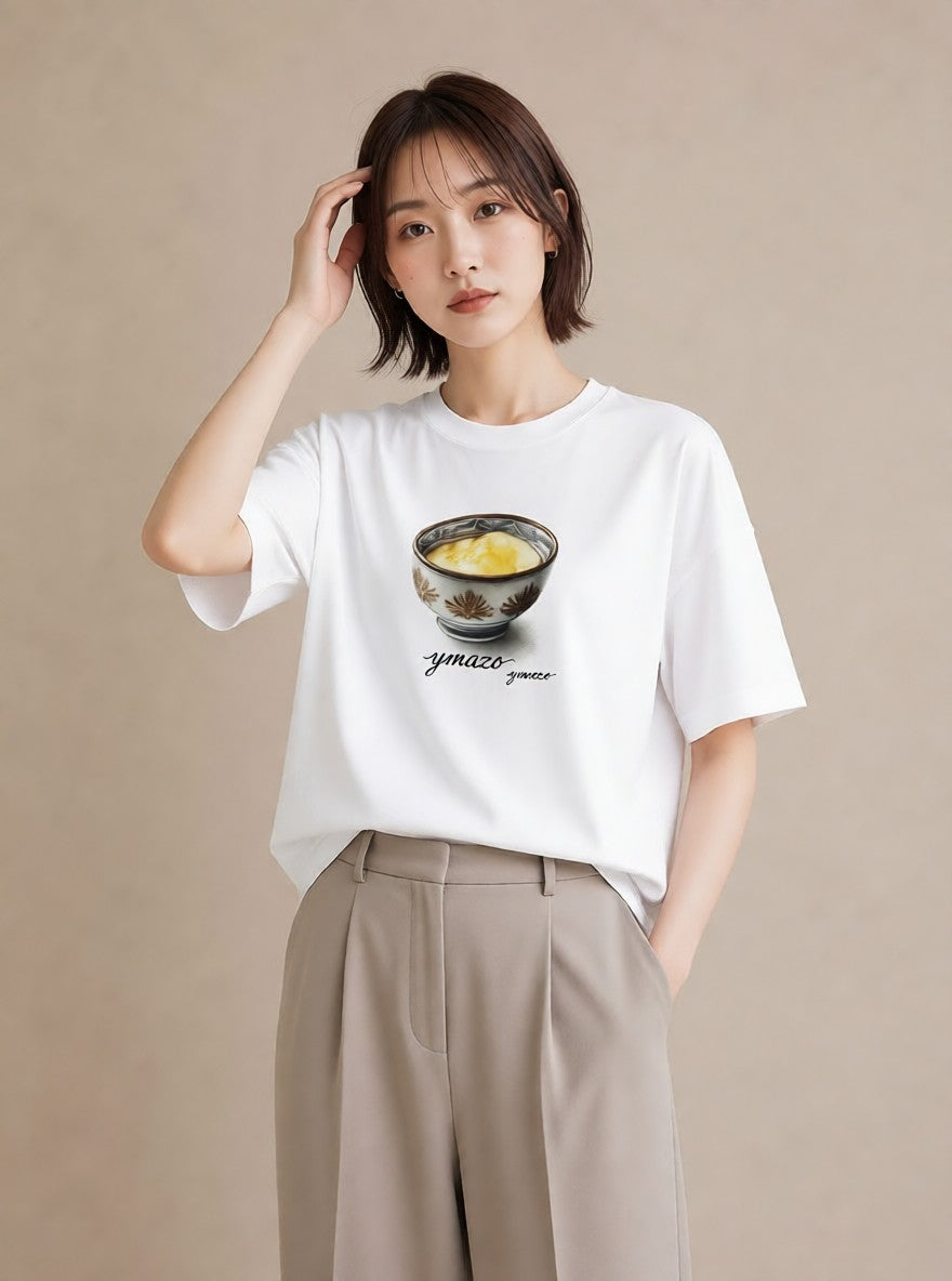 半袖Tシャツ レディース プリン 食べ物 フード イラスト 線画 旅行用 海 白T YMAZO