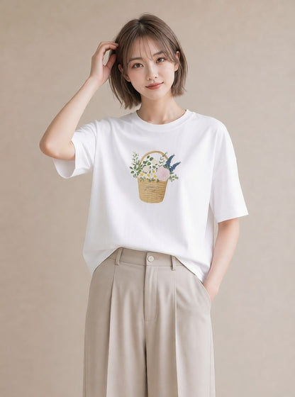 グラフィックTシャツ レディース 自転車のかご 自転車 花かご ナチュラル アンティーク イラスト 旅行 母娘コーデ 白T YMAZO
