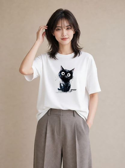デザインTシャツ レディース ハチワレ 白黒猫 猫 ねこ イラスト 手描き風 母娘コーデ 自分用 白T YMAZO