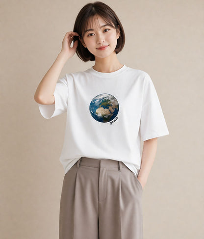 デザインTシャツ レディース 地球 星空 宇宙 イラスト 休日コーデ デート 帰省 白T YMAZO