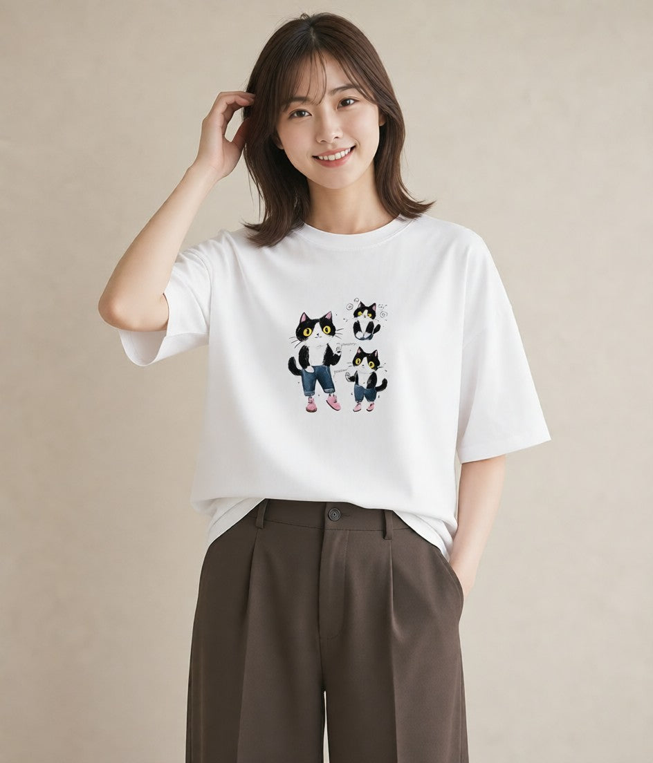 Tシャツ レディース ハチワレ 白黒猫 猫 ねこ イラスト ゆるかわ ビーチ デイリーウェア 白T YMAZO