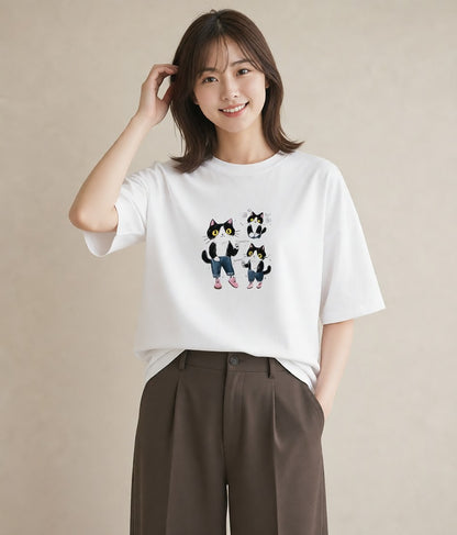 Tシャツ レディース ハチワレ 白黒猫 猫 ねこ イラスト ゆるかわ ビーチ デイリーウェア 白T YMAZO