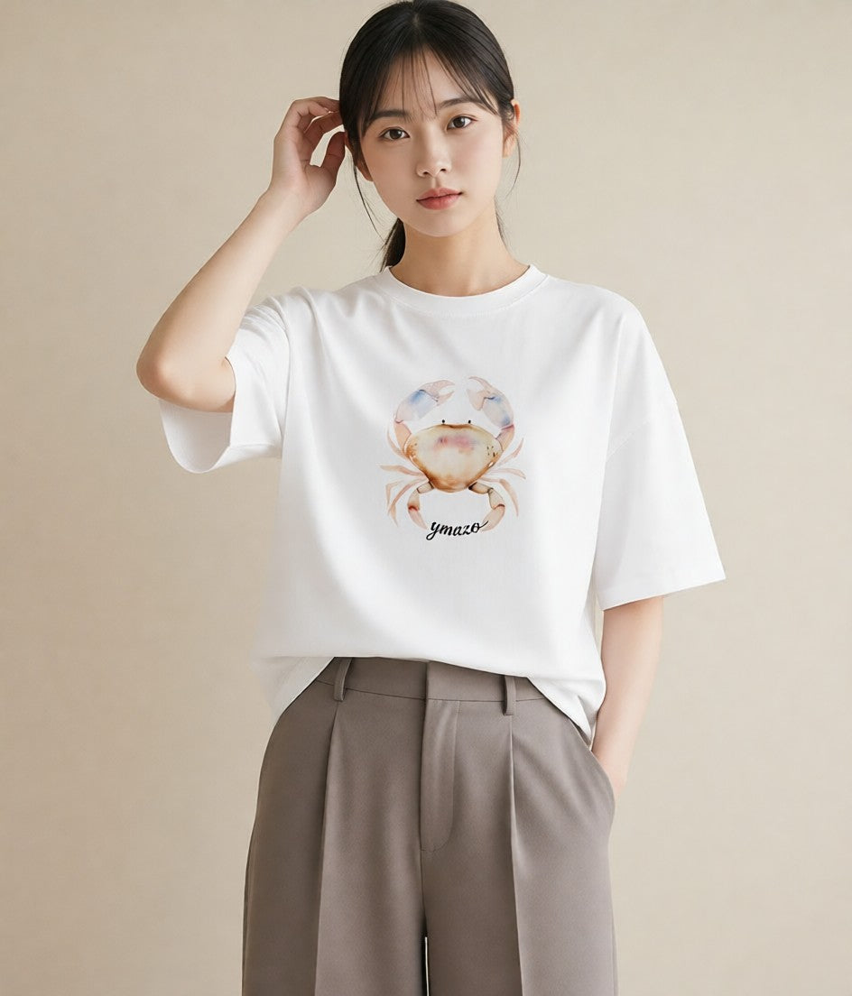 グラフィックTシャツ レディース エビ 海の生き物 海 イラスト 韓国風 カフェ服 クリスマス 白T YMAZO