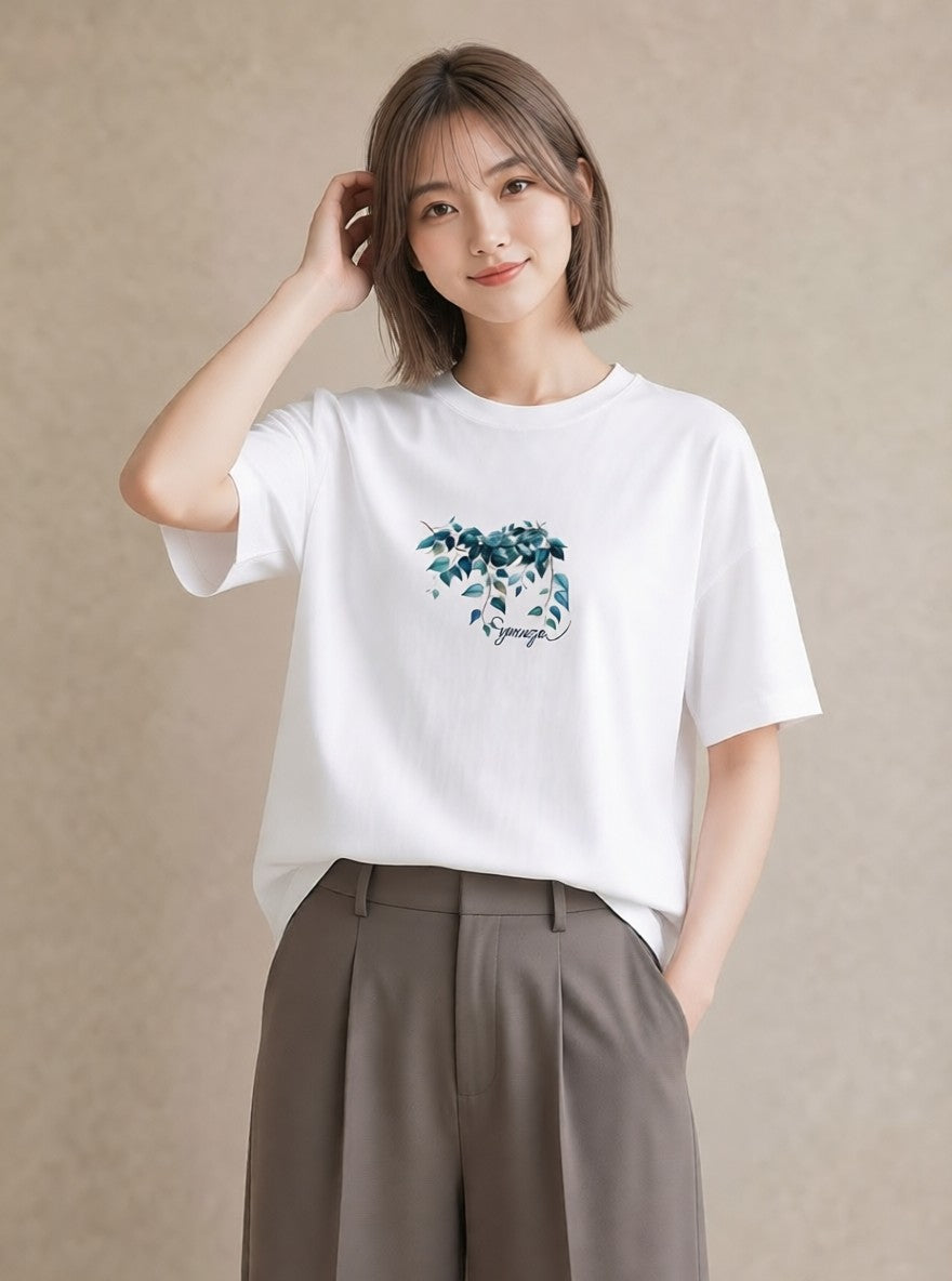 半袖Tシャツ レディース ユーカリ 植物 ボタニカル イラスト きれいめ 公園 ママ 白T YMAZO