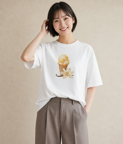 デザインTシャツ レディース ソフトクリーム 食べ物 フード イラスト 上品 デイリーウェア 休日 白T YMAZO
