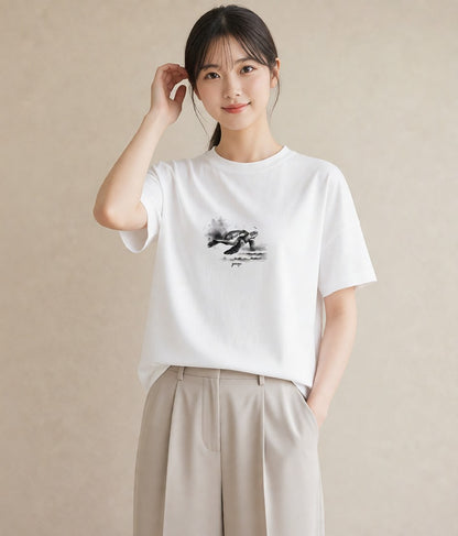 デザインTシャツ レディース ウミガメ 海の生き物 海 イラスト きれいめ 通勤 在宅 白T YMAZO