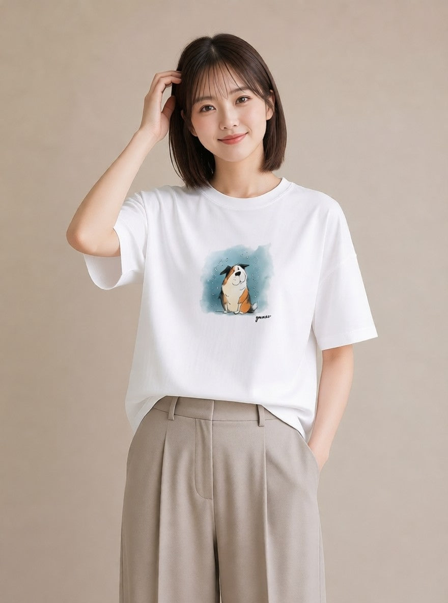 プリントTシャツ レディース ボーダーコリー 犬 いぬ イラスト ガーリー カジュアルコーデ 買い物 白T YMAZO