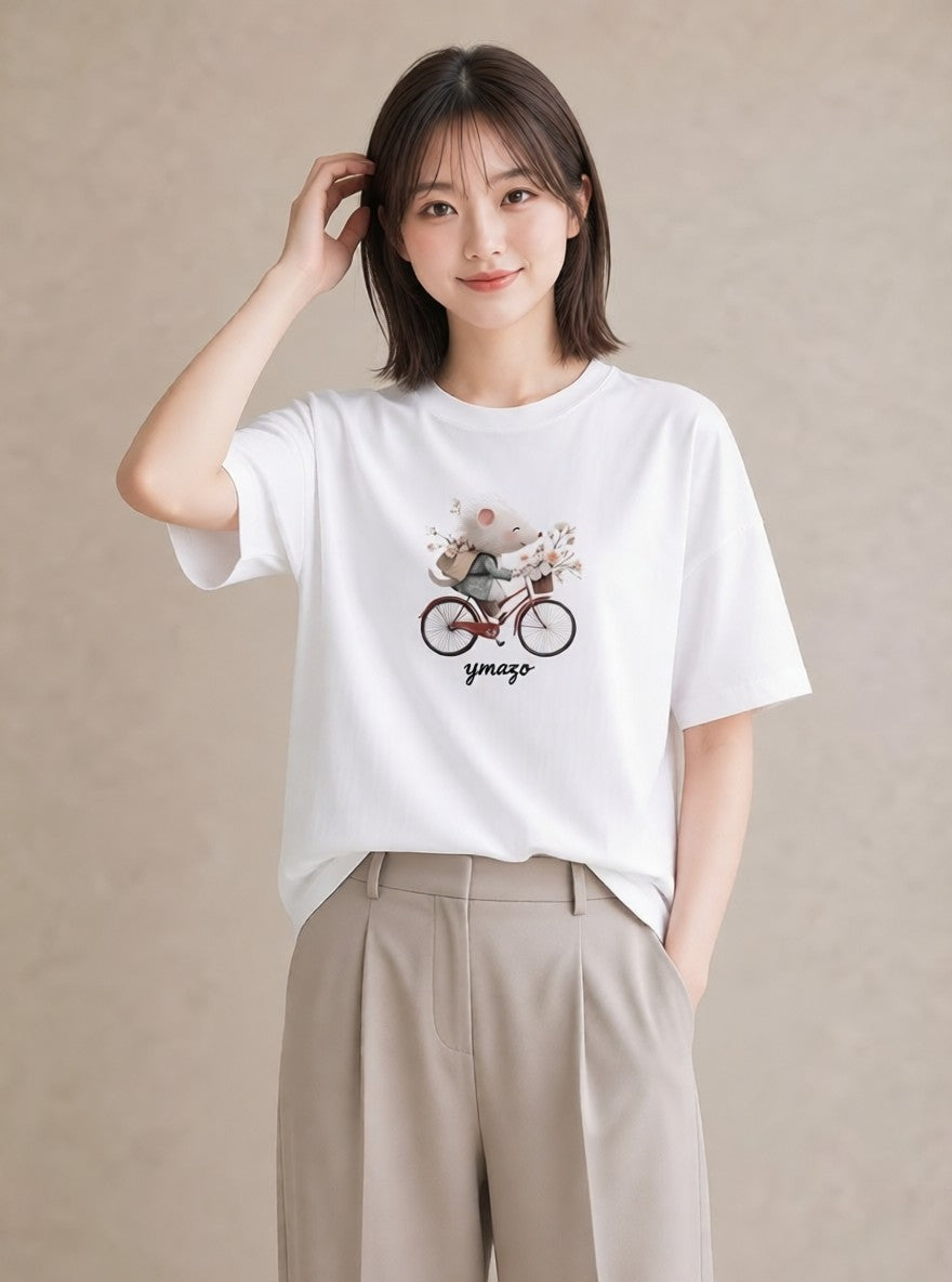 半袖Tシャツ レディース 自転車のかご 自転車 花かご ナチュラル アンティーク イラスト 韓国風 公園 ママ 白T YMAZO