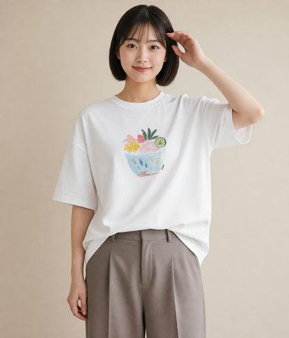 グラフィックTシャツ レディース パフェ 食べ物 フード イラスト カジュアル ミセス 春コーデ 白T YMAZO